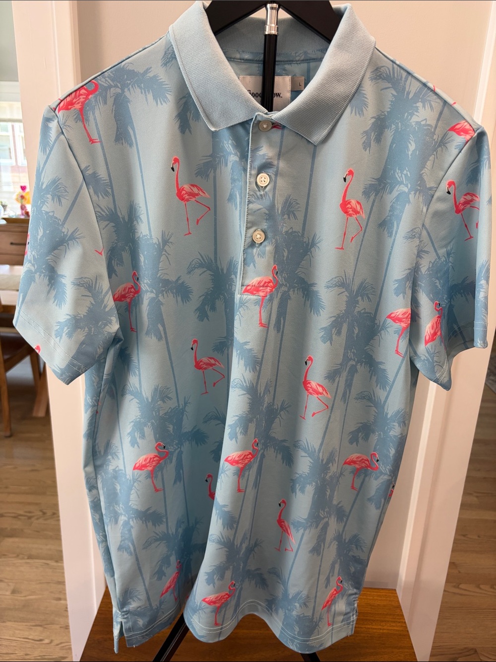 Goodfellow & Co Light Blue Polo with Pink Flamingo Print